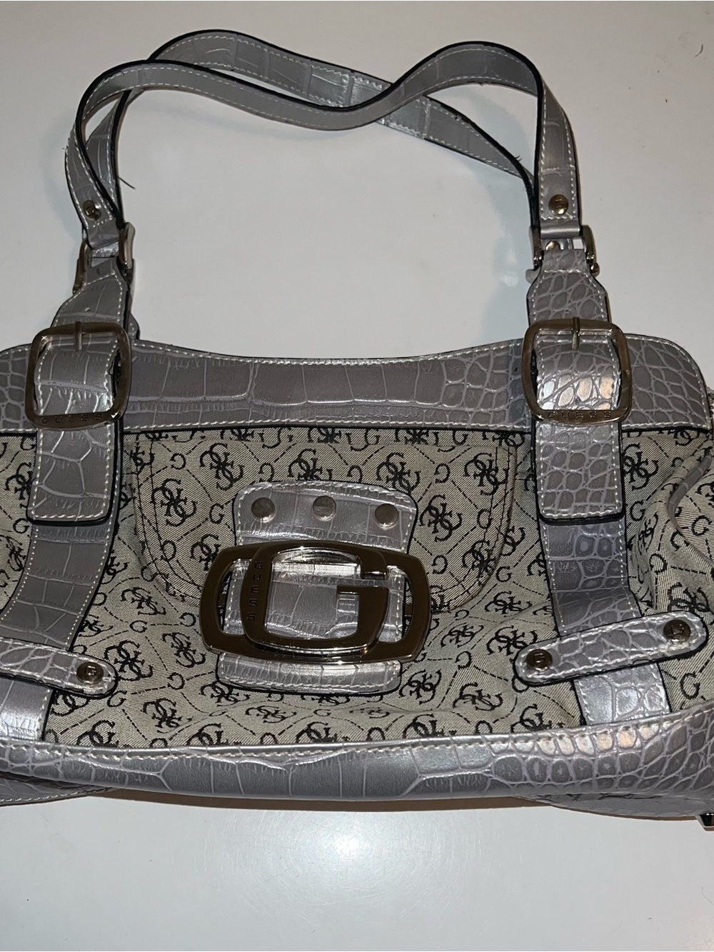 Guess Silver Croc-Accent Satchel Handbag